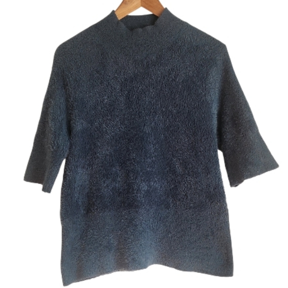 Revolve Bailey 44 XL Teal Sweater Short Sleeve Fuzzy Faux Fur Mock Neck Pullover